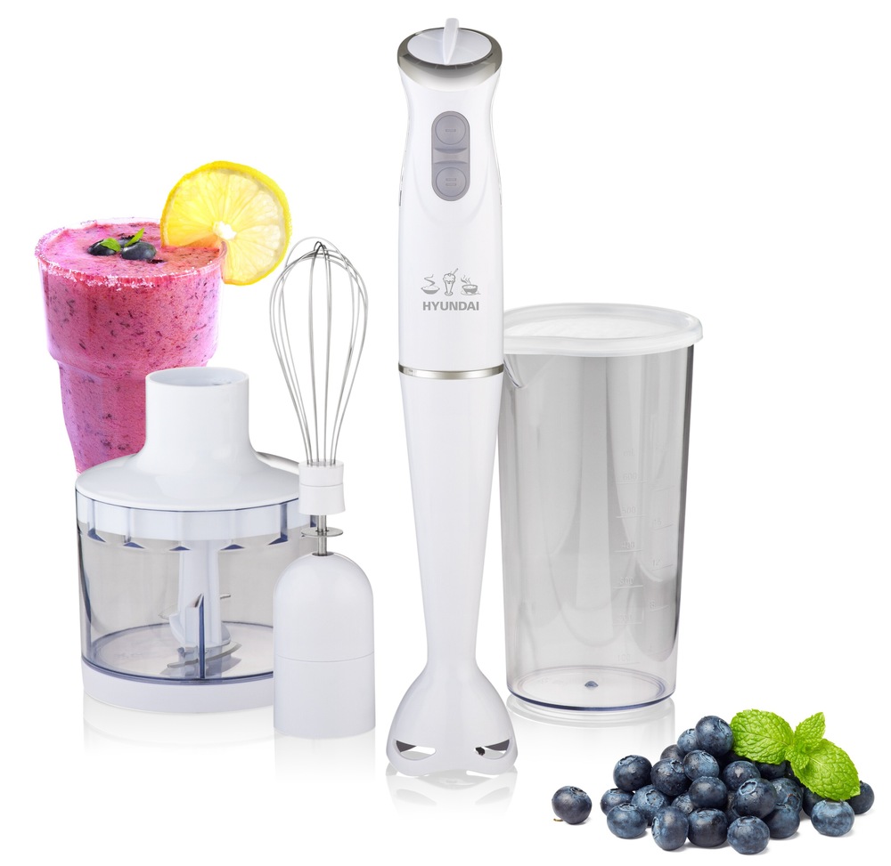 Ponorný mixér Huyndai HB 983 s príslušenstvom - tyčový mixér, sekáčik, metla, nádoba a smoothie s čučoriedkami