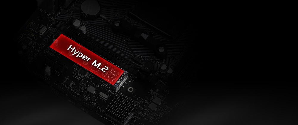 Základná doska ASRock B550M-HDV Detail základnej dosky počítača s červeno vyznačeným slotom Hyper M.2. Tmavé pozadie zdôrazňuje elegantný dizajn modulu.