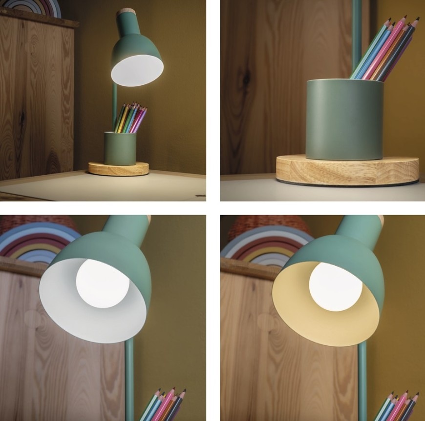 Stolná lampa EMOS Poppy, max. 25 W, žiarovka E27, IP20 zelená Stolová LED lampička EMOS Poppy v zelenej farbe s umiestnenými pastelkami v integrovanom ceruzkovníku