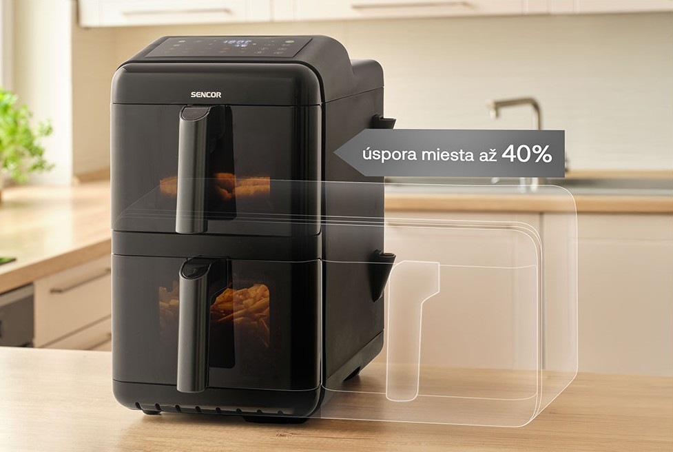 Fritéza teplovzdušná Sencor SFR 1250BK čierna Teplovzdušná fritéza Sencor SFR 1250BK v kompaktnom prevedení na kuchynskej linke s vizuálnym znázornením úspory miesta až 40%, ktoré ukazuje menší pôdorys spotrebiča. Dvojitý zásuvný systém umožňuje efektívnu prípravu viacerých pokrmov bez zbytočného zaberania priestoru.