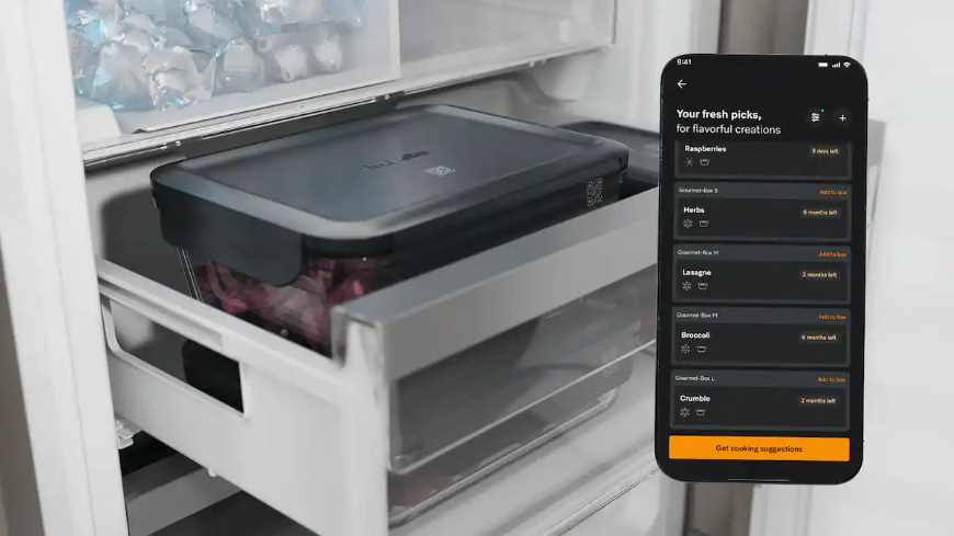 Dóza na potraviny Miele Gourmet Box (velikost M) Miele Gourmet Boxy vložené do zásuvky chladničky a aplikácie miele v mobile