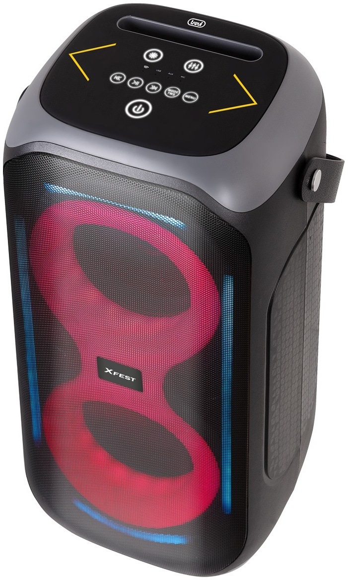 Párty reproduktor Trevi XFM 225 W čierny Horný ovládací panel reproduktora Trevi XFest s tlačidlami, USB slotom a vstupom pre mikrofón.