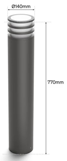 Rozmery stĺpového svietidla Philips Lucca Hue s výškou 770 mm a priemerom 140 mm