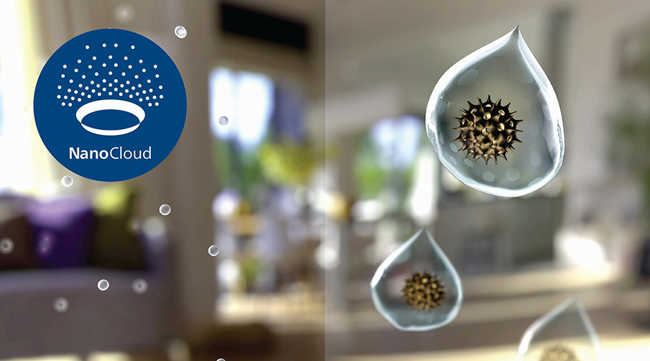Čistička vzduchu Philips Series 3000 AC3737/10 Technológia NanoCloud a kvapky vo vzduchu znázorňujúce vírusy v ovzduší
