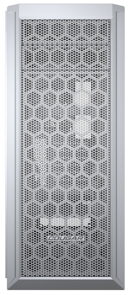 Z predného pohľadu je vidieť biely čelný panel s jemnou perforáciou (mesh) po väčšine plochy na nasávanie vzduchu. Predok pôsobí čisto a minimalisticky, bez výrazných ozdôb, s nenápadným logom dole.
