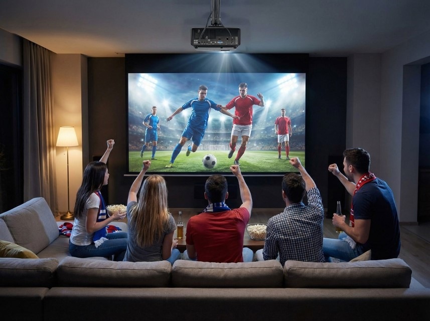 Projektor Optoma HZ41HDR čierny Ľudia fandia pri sledovaní futbalu z projektora Optoma HZ41