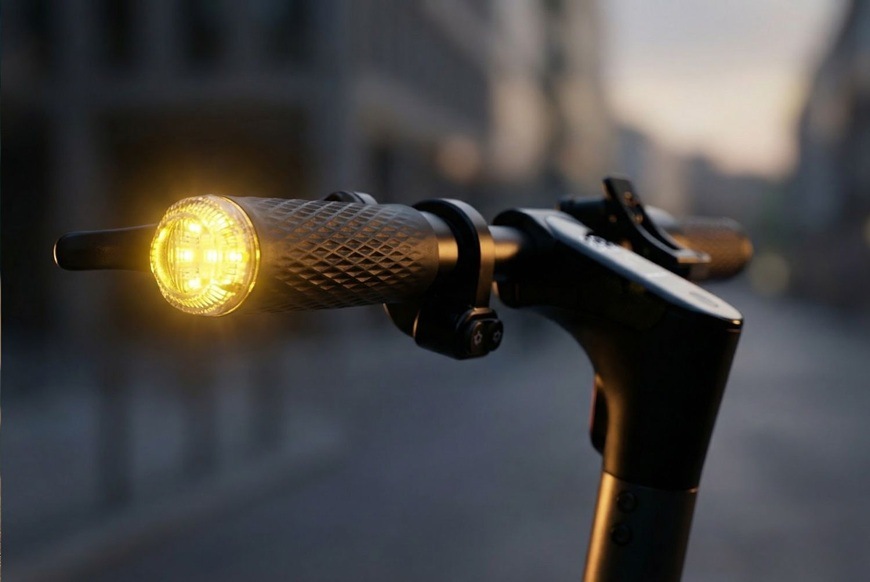 Elektrická kolobežka Sencor SCOOTER S25 čierna Detail riadidiel elektrickej kolobežky Sencor s rozsvieteným predným LED svetlom počas jazdy za šera. Silné svetlo zaisťuje dobrú viditeľnosť a bezpečnosť v mestskej premávke.