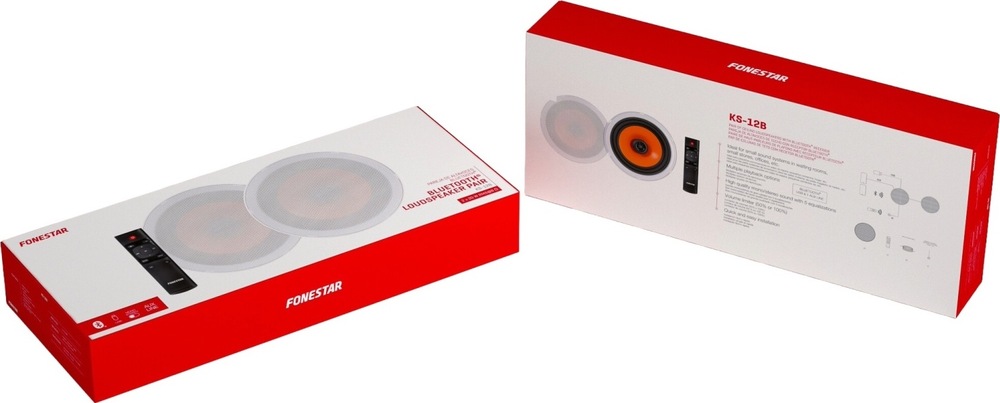 Reproduktory Fonestar KS-12B (2 ks) čierne/biele/oranžové Predná a zadná strana červenobielej krabice so sadou stropných reproduktorov Fonestar KS‑12B.