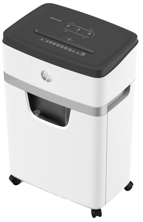 Skartovač HP OneShred 18CC biely kancelársky skartovač dokumentov na kolieskach s vysúvacím košom