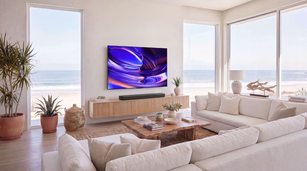 Televízor Sony Bravia 6 83" Televízor Sony BRAVIA 6 umiestnený na televíznom stolíku v modernej svetlom obývacej izbe