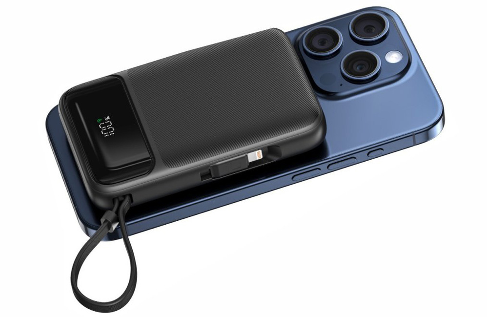 Powerbank Swissten 10000 mAh, PD 20W s integrovanými káblami USB-C a Lightning (kompatibilný s MagSafe) čierny