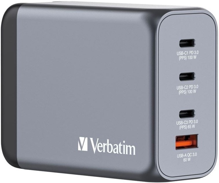 Cestovný adaptér Verbatim GNC-200 GaN, 200W, 3x USB-C PD, 1x USB QC - sivý