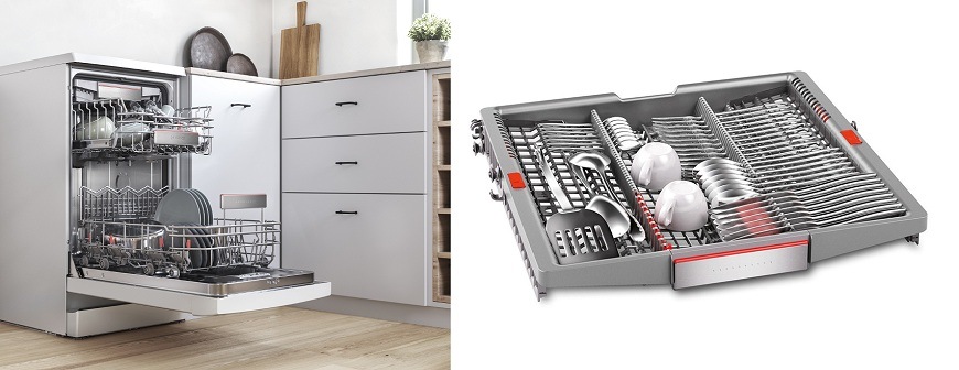 Umývačka riadu Bosch Serie 6 SPV6EMX09E Otvorená umývačka Bosch SPV6EMX09E, flexibilné koše VarioFlex Pro a príborová zásuvka
