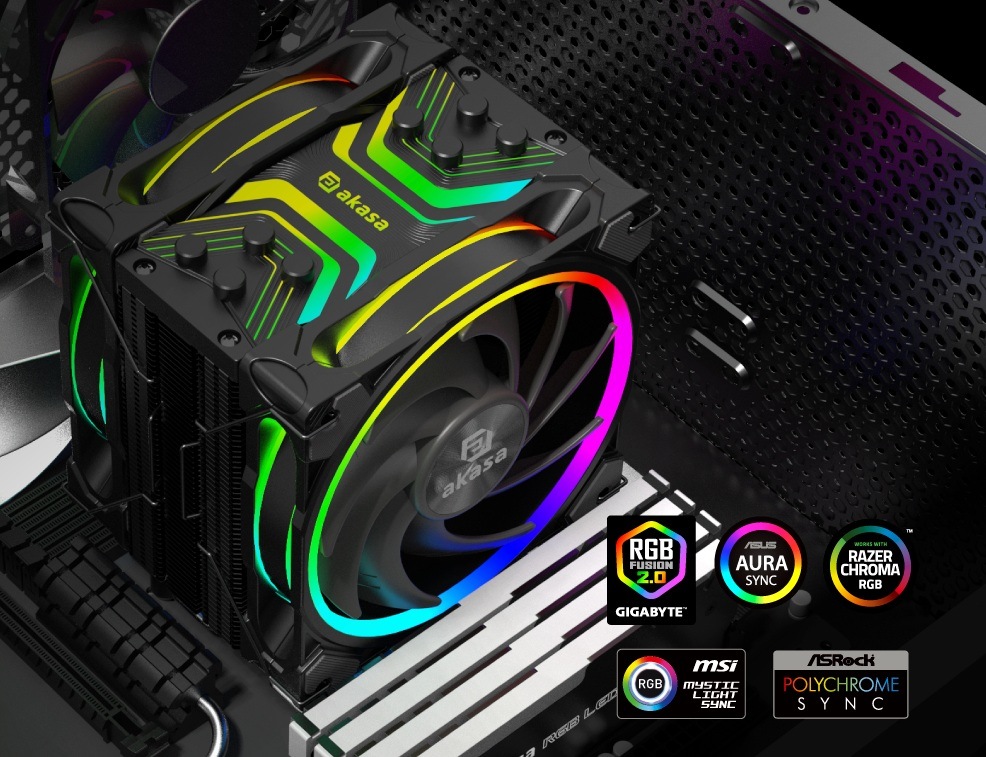 Chladič CPU AKASA H4 Plus + SOHO AR12 Reverse Blade Fan čierny AKASA H4 Plus + SOHO AR12 Reverse Blade Fan ponúka pôsobivý ARGB osvetlenie