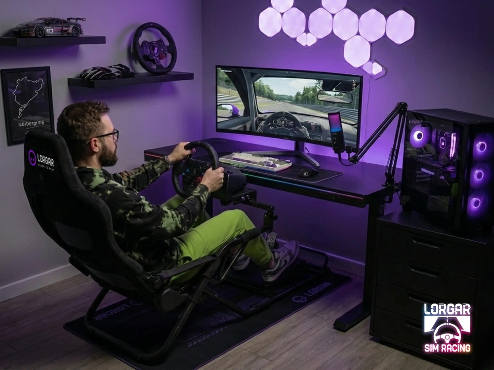 Pretekársky kokpit Lorgar FLEX RAF1 čierny Sim-racingová zostava osvetlená fialovým svetlom s vodičom, ultraširokouhlým monitorom, herným PC s RGB podsvietením, mikrofónom, policami a šesťuholníkovými nástennými svetlami.