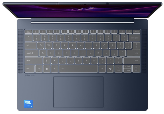 Pohľad zhora na klávesnicu a viacdotykový touchpad notebooku Lenovo IdeaPad Slim 5″ width=