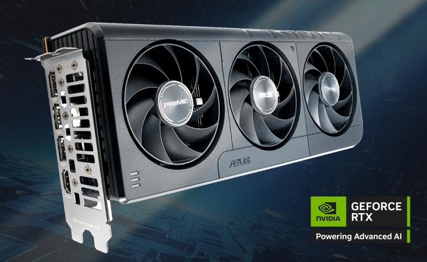 Grafická karta Asus PRIME GeForce RTX 5060 8GB OC čierny Asus Prime GeForce RTX 5060 OC 8G prezentovaná v hernom prostredí s logom NVIDIA GeForce RTX Powering Advanced AI