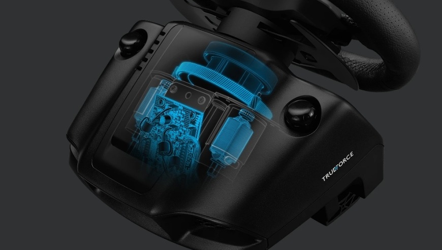 Detailný pohľad na vnútorný mechanizmus volantu Logitech G923 SE s vyznačeným TRUEFORCE motorom a elektronickými komponentmi