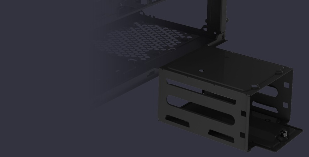 Case Cooler Master MasterBox 600 Lite čierna Tmavý, minimalistický obrázok zobrazujúci kovovú súčasť počítačovej skrine s čiernou obdĺžnikovou štruktúrou a štrbinovými otvormi na odvod vzduchu.