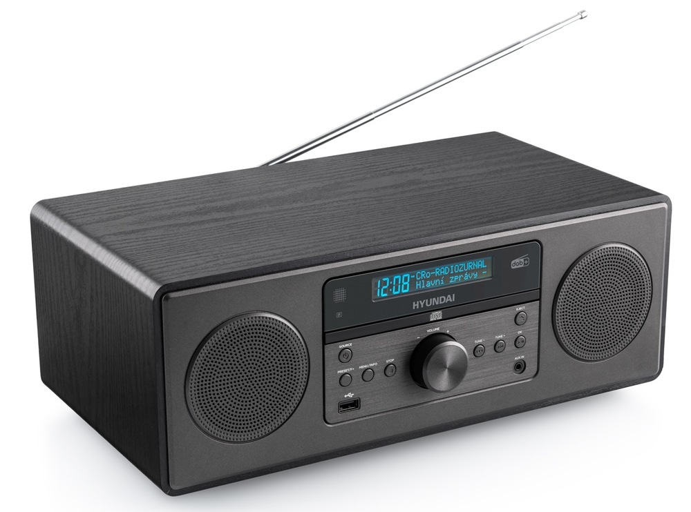 Mikro HiFi systém Hyundai MSD505DAB čierny Celkový pohľad na digitálne rádio a mikrosystém Hyundai MSD505DAB v čiernom drevenom dekore s teleskopickou anténou a LCD displejom