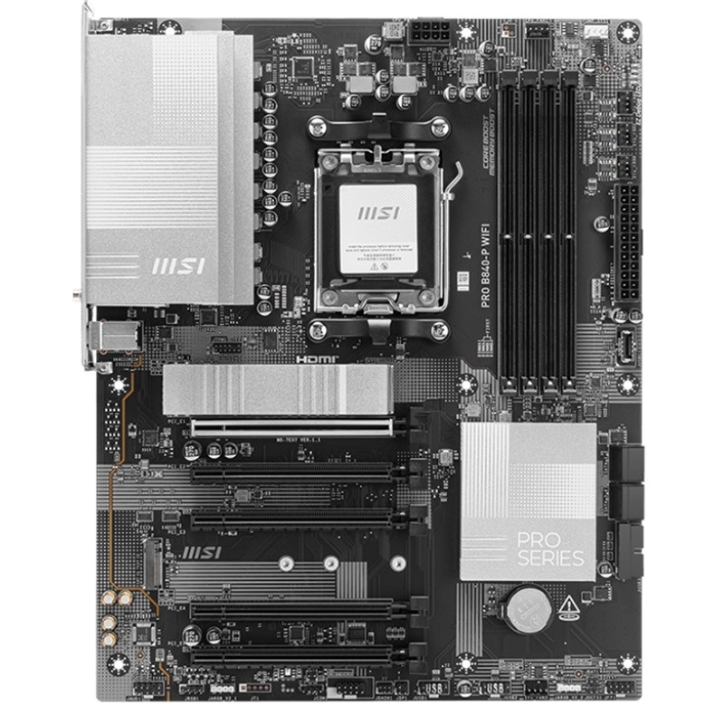 Základná doska MSI PRO B840-P WIFI Základná doska MSI PRO B840-P WIFI AMD v čiernej a striebornej farbe.