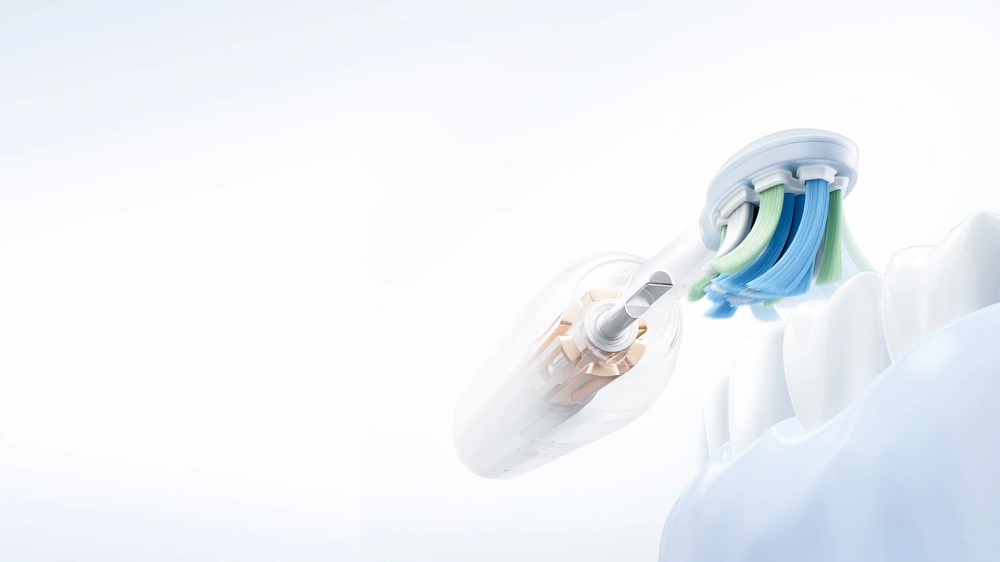 Zubná kefka Xiaomi Mijia MES613 Smart Servo-oscillation Pro EU Blue modrý Detail hlavy elektrickej zubnej kefky Xiaomi so znázornením vnútorného mechanizmu pohonu