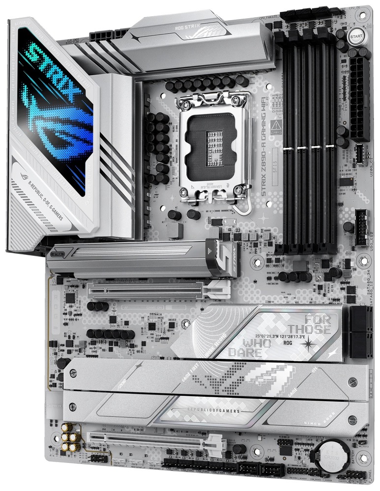 Základná doska Asus ROG Strix Z890-A GAMING WIFI Na fotografii je základná doska videná zhora, s prehľadne rozloženými slotmi a masívnymi pasívami. V hornej časti dominuje pätica procesora obklopená chladením napájacej kaskády, napravo sú štyri sloty pre pamäte DDR5. V spodnej polovici je vidieť hlavné PCIe x16 slot pre grafiku a niekoľko M.2 pozícií zakrytých chladičmi, ktoré opticky zjednocujú celú dosku. Na ľavej hornej strane je ľahko zachytený aj panel s portami pre externé zariadenia.