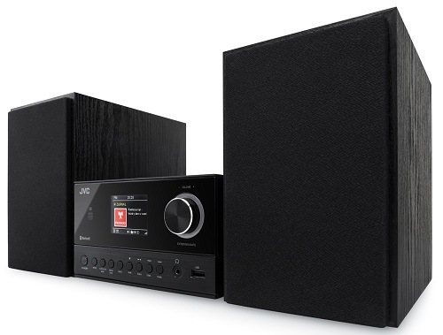 Moderný mikrosystém JVC UX-E225B v elegantnom čiernom prevedení s LCD displejom, ovládacím gombíkom a USB vstupom, doplnený o dva stereo reproduktory