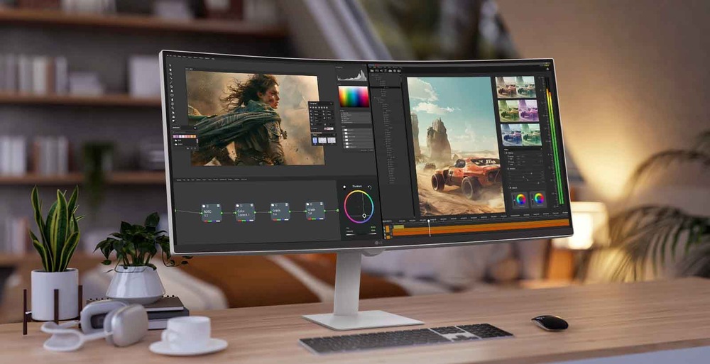 Dve okná na jednom monitore zobrazujú softvér na strih videa so živými obrazmi ženy a auta v púšti. Scéna pôsobí kreatívne a dynamicky.