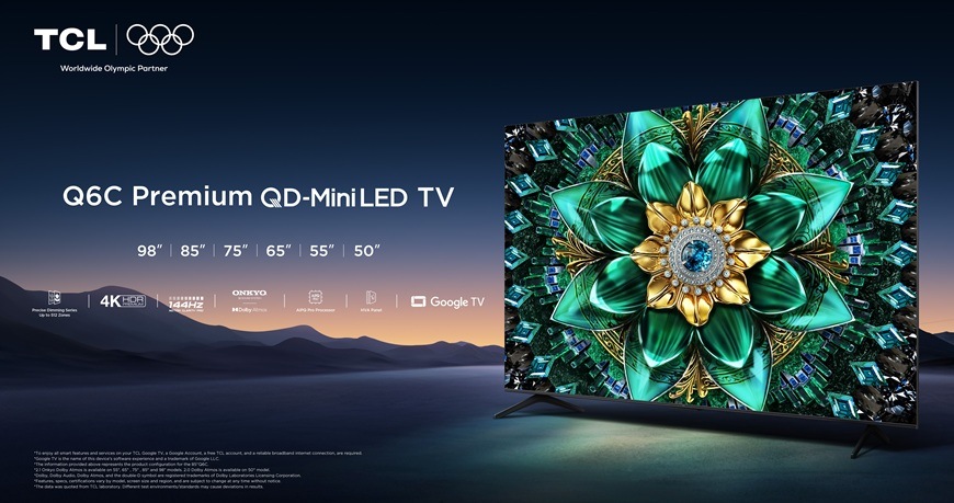 Televízia TCL 50Q6C Premium QD-Mini LED 4K so systémom Google TV, obnovovacou frekvenciou až 144 Hz a technológiou QD-Mini LED pre špičkový obraz.