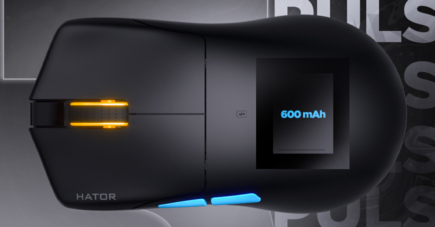 Myš HATOR Pulsar 3 PRO čierna Priehľadová vizualizácia batérie s označením 600 mAh vo vnútri HATOR Pulsar 3 Pro Wireless