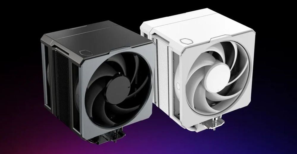 Chladič CPU Cooler Master Hyper 612 Apex, 2x120 mm čierny Dva chladiče CPU sú zobrazené na tmavom gradientnom pozadí. Jeden má elegantný čierny dizajn a druhý biely, každý s veľkým ventilátorom na chladenie.