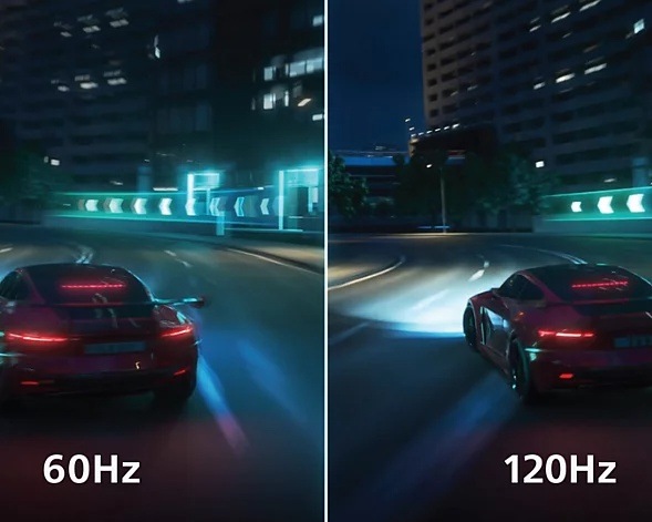 Závodná hra pri frekvencii 60 Hz vs pri 120 Hz frekvencii na displeji Philips 24B2N3200JH/00