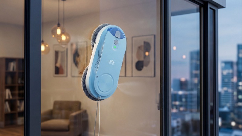 Robotický čistič okien ETA Finestro Smart 6329 90000 svetlo modrá Robotický čistič okien ETA Finestro Smart čistí s ultrasonickým rozprašovaním veľké okno v modernom interiéri.