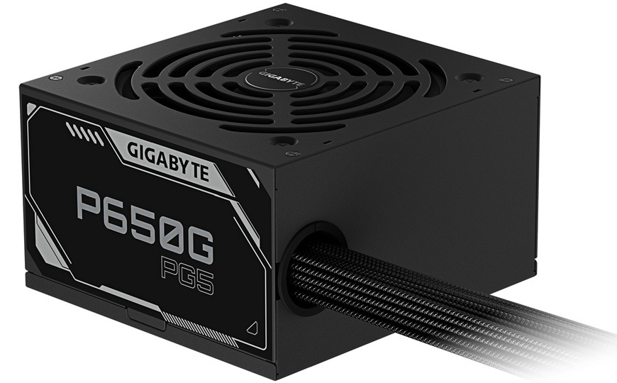 Zdroj GIGABYTE P650G 650W PCIE 5.1, 80PLUS Gold čierny Detail obrázku zdroja s káblom.