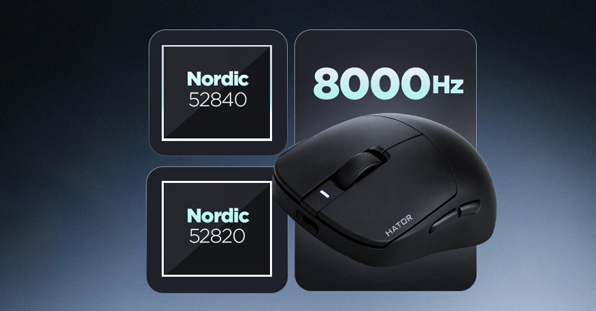Vizualizácia myši s označením 8 000 Hz a mikrokontrolérov Nordic 52840 a 52820″ width=