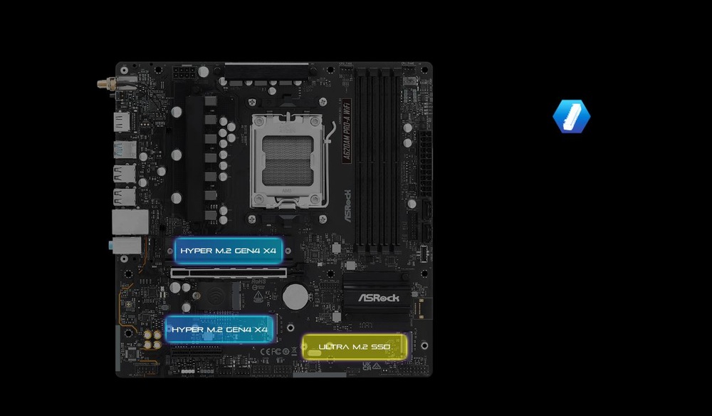Základná doska ASRock A620AM PRO-A WIFI čierna Základná doska ASRock s označenými slotmi Hyper M.2 a Ultra M.2 SSD na čiernom pozadí.