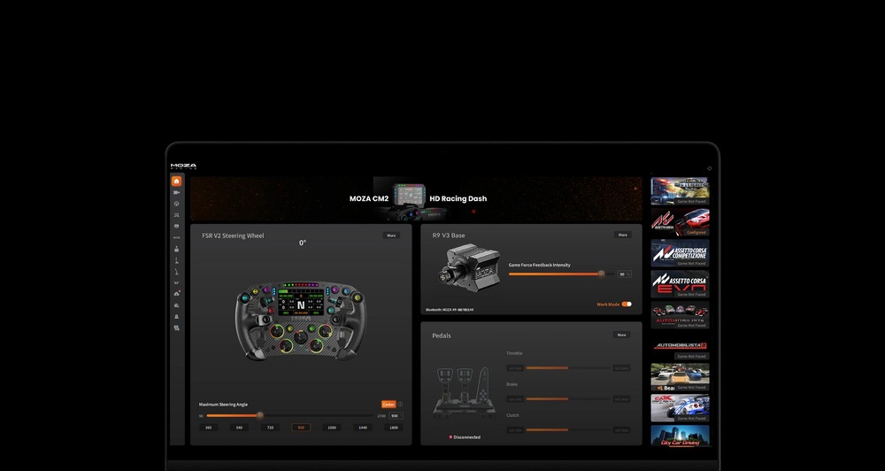 Základňa Moza Racing R9 V3 (PC) hliník Záber na užívateľské rozhranie programu Moza Pit House.