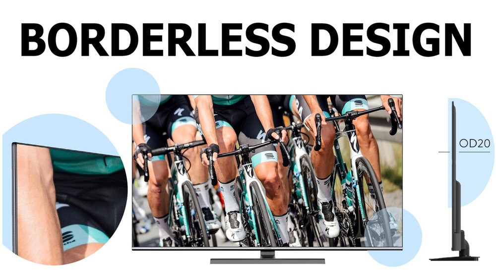 Televízor Finlux 50FQK9060 Nápis Borderless design, televízia Finlux so záberom cyklistických pretekov, vľavo je detail bezrámčekového designu v koliesku, vpravo je televízia Finlux pri pohľade z boku