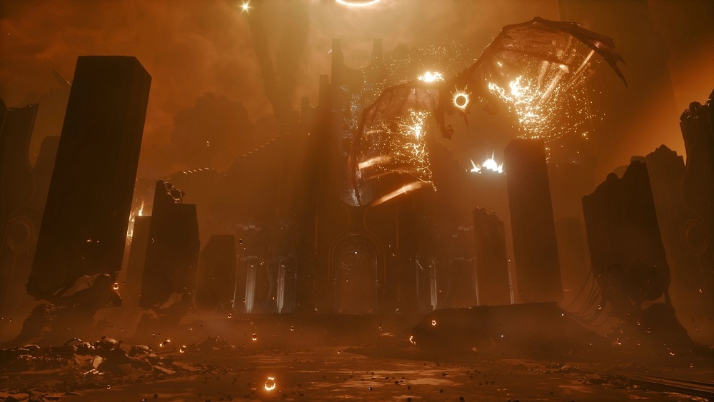 Dystopická krajina s týčiacimi sa, tienistými piliermi pod zlovestnou oranžovou oblohou. Nad nimi sa vznášajú žiariace, éterické tvary, ktoré vyžarujú pocit tajomna a napätia.