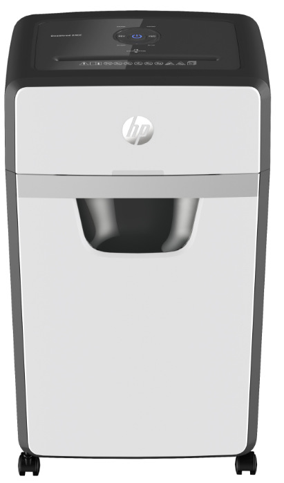 Predný pohľad na skartovač HP OneShred 24CC s priehľadovým okienkom koša a kolieskami