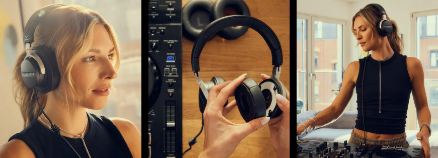 Portrét ženy so slúchadlami Beyerdynamic DJ 300 PRO X CLUB a detail výmeny náušníkov