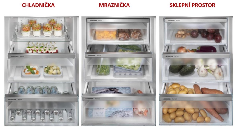 tri spôsoby nastavenia podmienok v mrazničke kombinovane chladničky Liebherr ICBNbi 5153: prvá predstavuje chladničku, druhý mrazničku a tretí pivničný oddiel