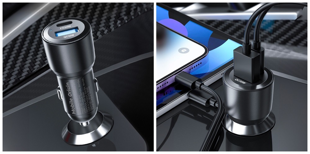Adaptér do auta Mobile Origin 1x USB-A/1x USB-C 60W čierny Adaptér do auta Mobile Origin 1x USB-A/1x USB-C 60W čierny
