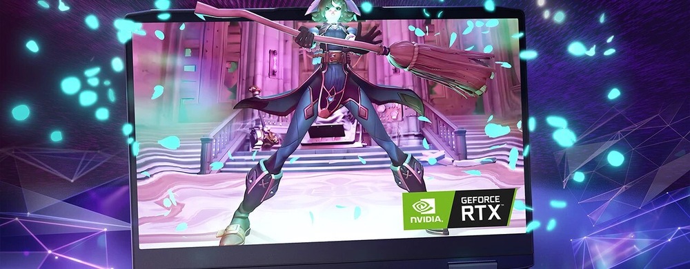 Notebook Lenovo LOQ 15AHP10 + Game Pass predplatné na 3 mesiace sivý Fantastická postava s metlou sebavedome stojí v živej, magickej scéne na obrazovke. Obklopujú ju jasné častice s logom NVIDIA® GeForce RTX™.