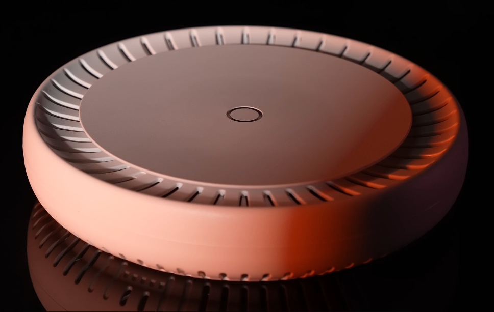 Prístupový bod (AP) MikroTik cAPGi-5HaxD2HaxD biely Access point MikroTik na tmavom pozadí s oranžovým podsvietením, pohľad zhora.