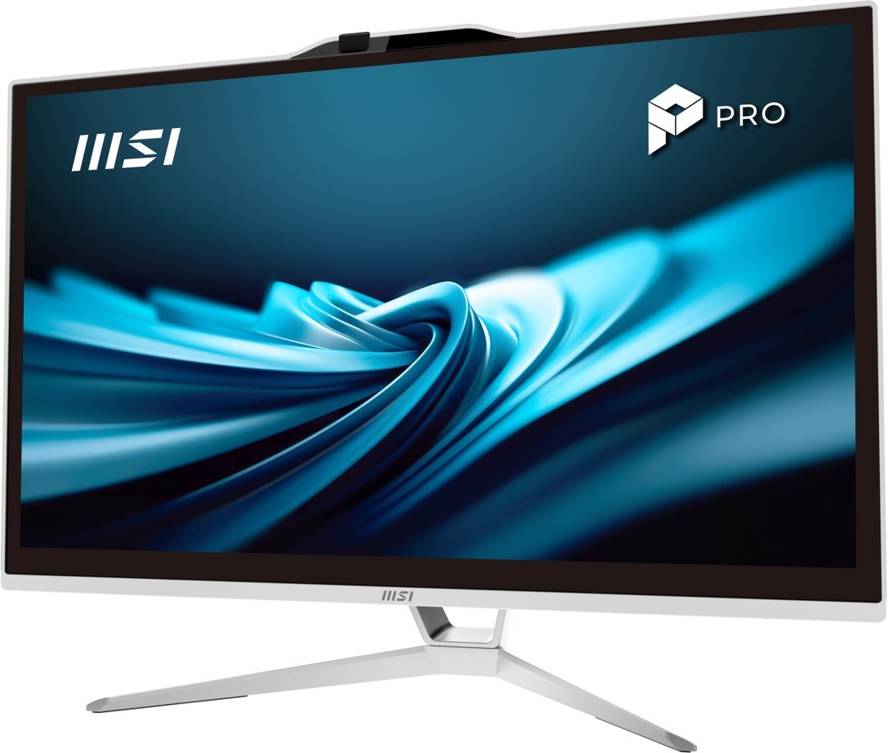 Biely All-in-One počítač MSI PRO AP222T s 21,5" Full HD dotykovým displejom na striebornom stojane.