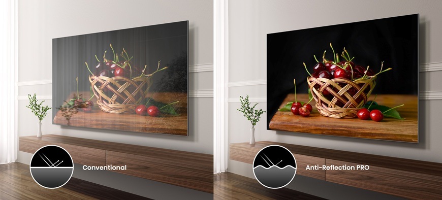 Na obrázku je porovnanie dvoch televízií. Jedna televízia je Hisense 116UXQ s technológiou Anti Reflection PRO, bojujúcou proti odleskom. Druhá televízia (vľavo) túto technológiu nemá, a tak sa v televízii odráža nepríjemné odrazy svetla z okien