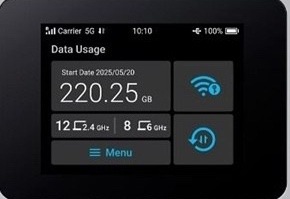 Detail dotykového displeja mobilného hotspotu Acer Connect Enduro M6E. Na obrazovke je stav 5G pripojenia, čas, batéria, využité dáta a ikony pre Wi-Fi a nastavenia.