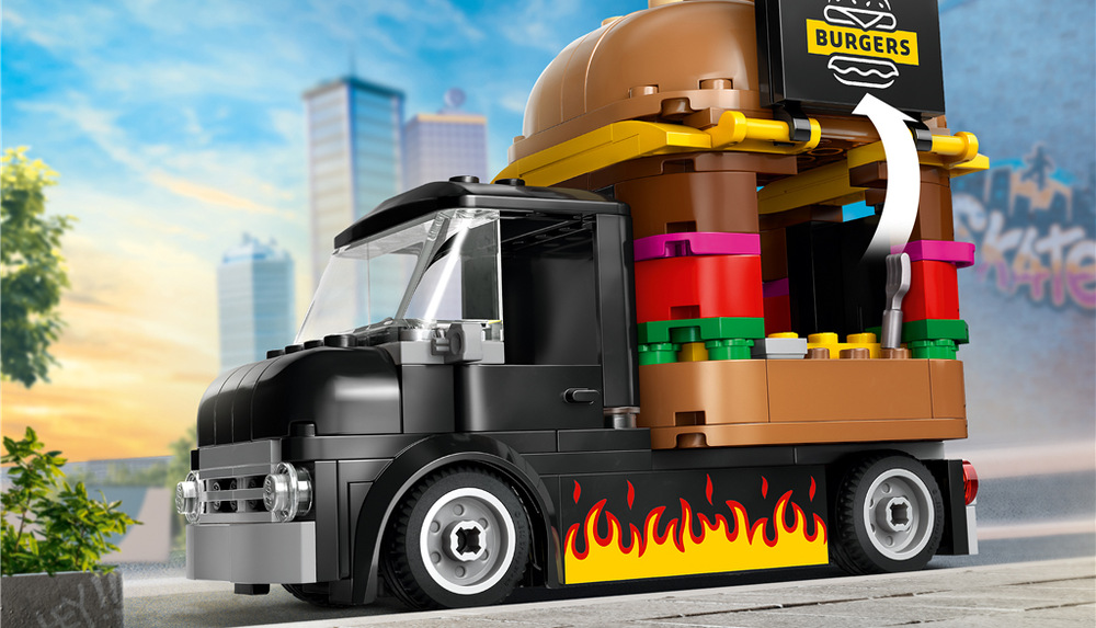 Stavebnica LEGO® City 60404 Hamburgerový truck Otváracia časť s hamburgerovou ceduľou a odnímateľná strecha umožňujú ľahký prístup do interiéru.
